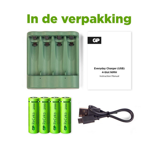 430918 GP USB batterijlader + 4 x AA-batterijen 2100mAh NiMH